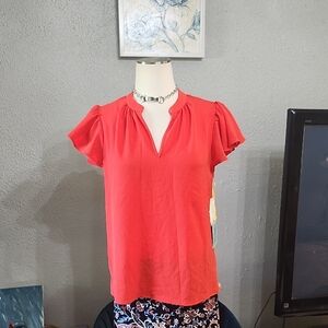 CeCe Poppy Red Flutter Sleeve Blouse